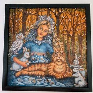 Gouache Snow Queen Painted on Metal 13" X 13" Woodland Animal Fairy Core Fantasy